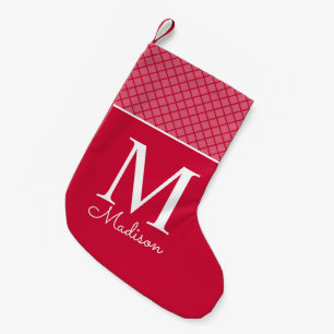 Meia De Natal Pequena monograma moderno com nome em padrão xadrez vermel