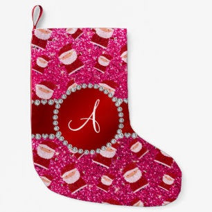 Meia De Natal Pequena Monograma rosa cor-de-rosa, natal santa claus