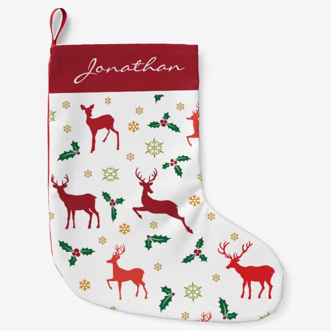Meia De Natal Pequena Monogramas Feliz Natal Holly Reindeer Holiday (Frente)