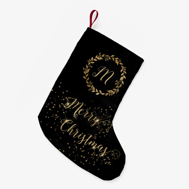 Meia De Natal Pequena Monogramas Preto Dourado Feliz Natal (Frente (Pendurada))