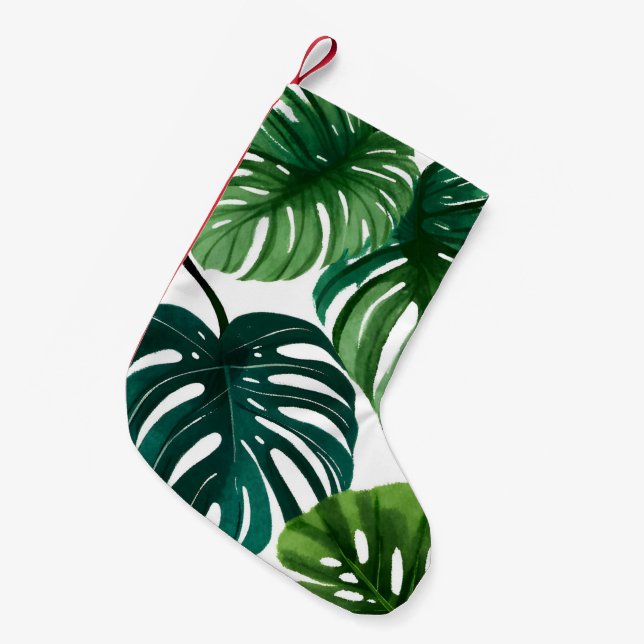 Meia De Natal Pequena Monstera Deixa Aquarela (Frente (Pendurada))