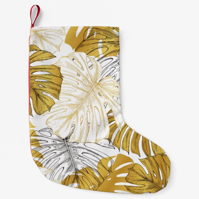 Meia De Natal Pequena Monstera Leaves: Ouro Branco (Frente)