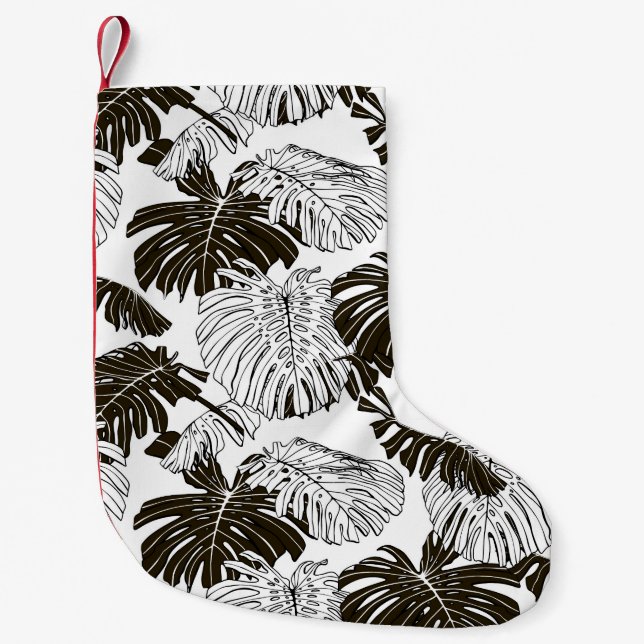 Meia De Natal Pequena Monstera Monocromo: Branco-Preto Sem Vista. (Frente)