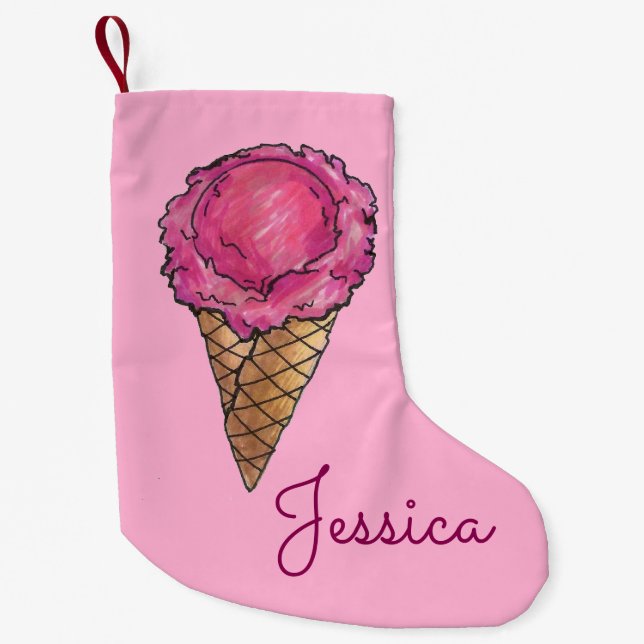 Meia De Natal Pequena Morango Scoop Rosa Sorvete Cone (Frente)