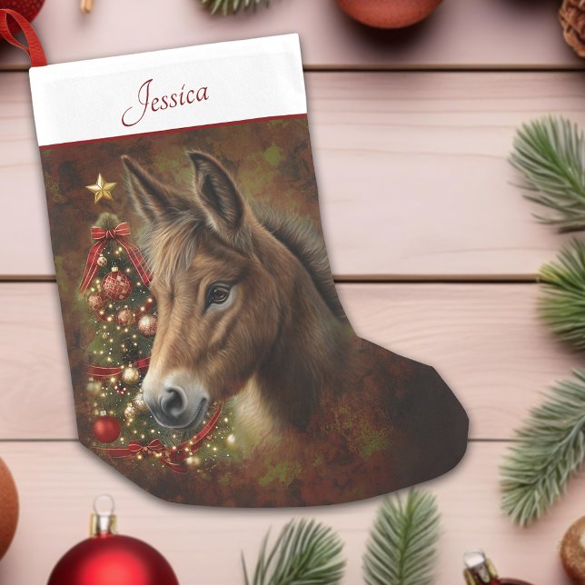 Meia De Natal Pequena Mule Holiday Christmas Tree Animal Personalizado (Mule Holiday Christmas Tree Animal Personalized Small Christmas Stocking)