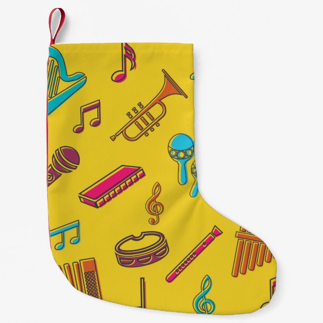 Meia De Natal Pequena Musical instruments background. musical notes.  (Frente)