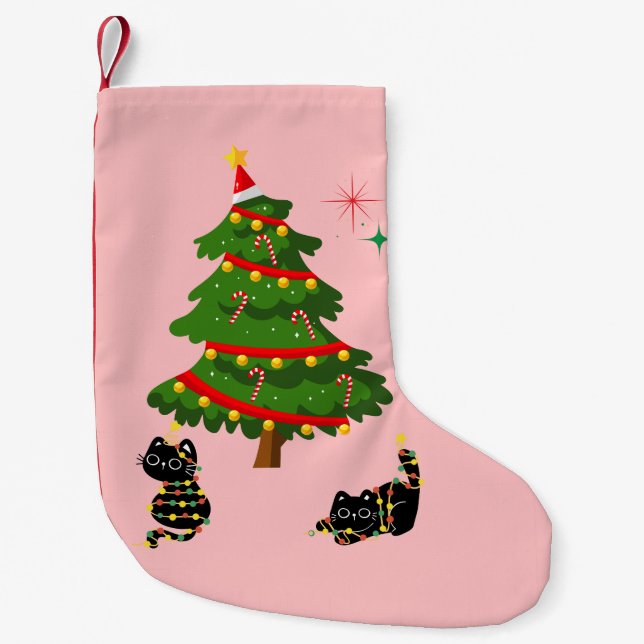 Meia De Natal Pequena Natal com Gatos Pretos (Frente)