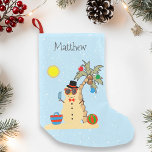 Meia De Natal Pequena Natal Holiday Snowman Beach Tropical<br><div class="desc">Este design foi criado através da arte digital. Pode ser personalizado na área fornecida ou personalizado escolhendo o clique para personalizar a opção adicional e alterando o nome, as iniciais ou as palavras. Você também pode alterar a cor e o estilo do texto ou excluir o texto de um design...</div>