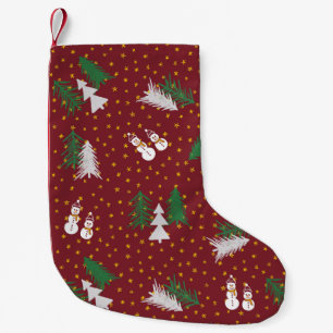 Meia De Natal Pequena Natal - Neves e Árvores - vermelho escuro