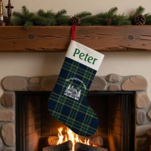 Meia De Natal Pequena Natal Personalizado em Cabana com Tartan de Famíli