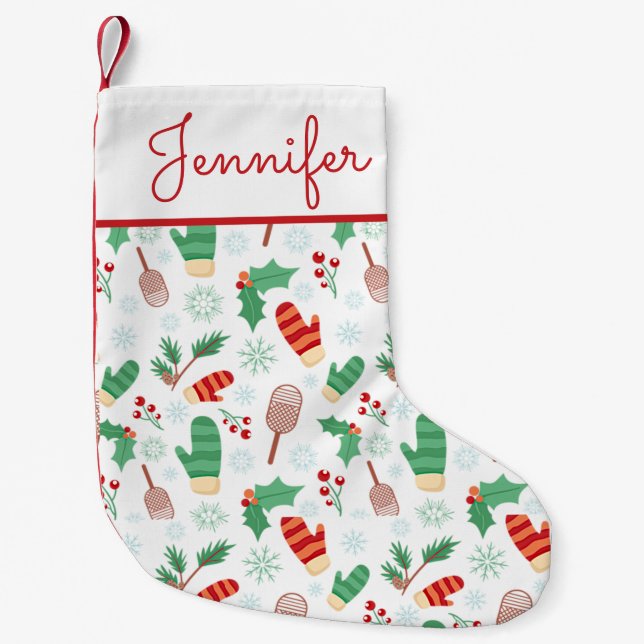 Meia De Natal Pequena Natal personalizado Mittens & Holly (Frente)
