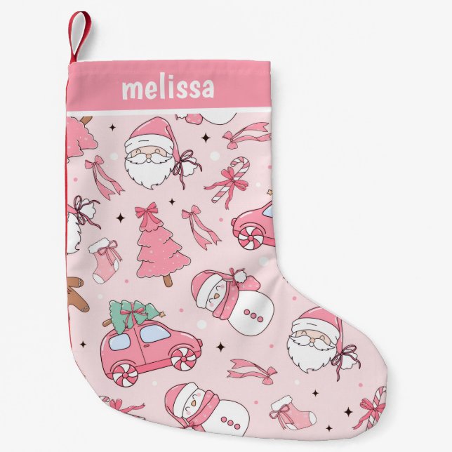 Meia De Natal Pequena Natal Rosa Personalizado (Frente)