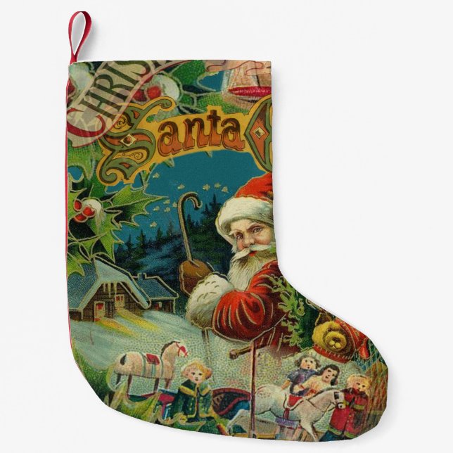 Meia De Natal Pequena Natal Santa Claus Arte Antiquada (Frente)