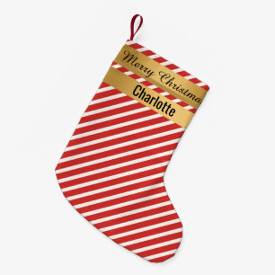 Meia De Natal Pequena Natal Vermelho STRIPE com dois SiDED DOURADOS para