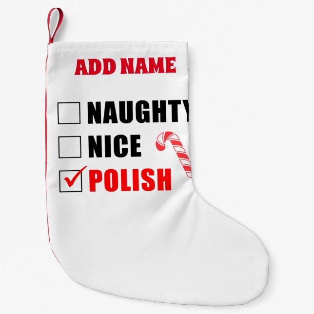 Meia De Natal Pequena Naughty Nice Polonês Personalizado (Frente)