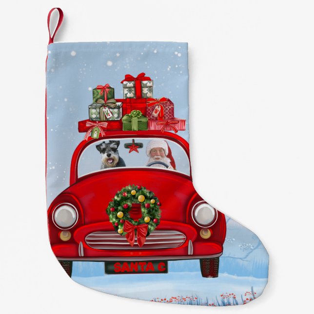 Meia De Natal Pequena Nauzer Cachorro No Carro Com Papai Noel (Frente)