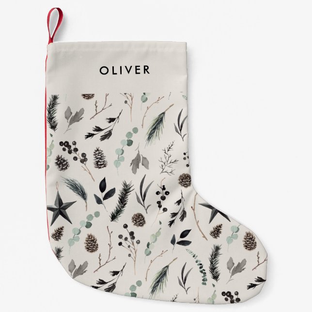 Meia De Natal Pequena Negra bege moderno scandi elegante Natal (Frente)