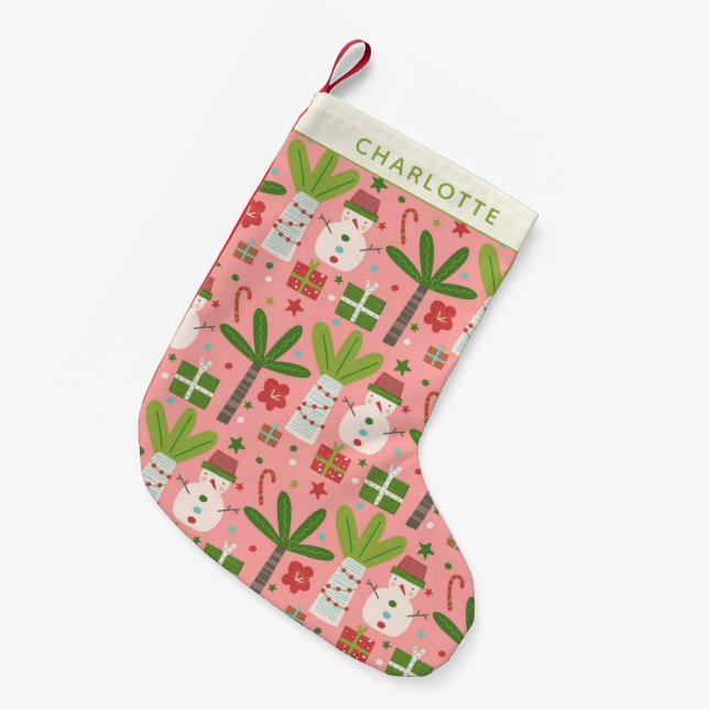 Meia De Natal Pequena Neves de Natal Tropicais Rosa Verde Personalizado (Frente (Pendurada))
