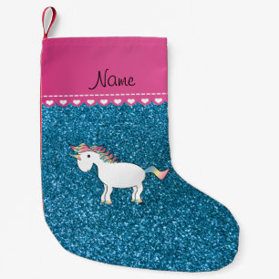 Meia De Natal Pequena Nome branco unicórnio céu azul brilho