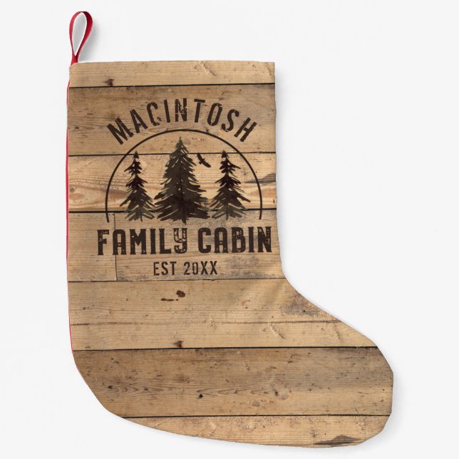 Meia De Natal Pequena Nome da família Cabin Rustic Wood Forest Personali (Frente)