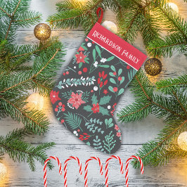 Meia De Natal Pequena Nome da família com padrão de flores de Natal pers