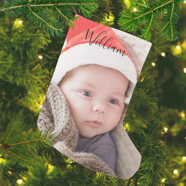 Meia De Natal Pequena Nome da Foto de Natal do Bebê (Baby's First Christmas Photo Name Small Christmas Stocking)