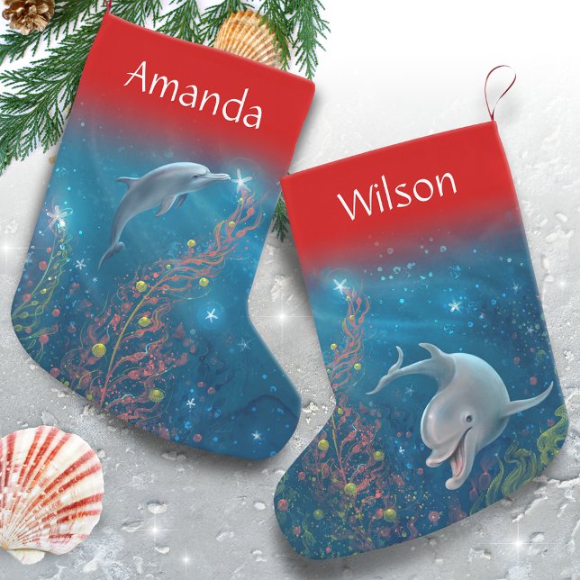Meia De Natal Pequena Nome da Praia Única do Golfinho Magnético (Add a custom name and easily change the top accent color on these unique dolphin Christmas stockings)