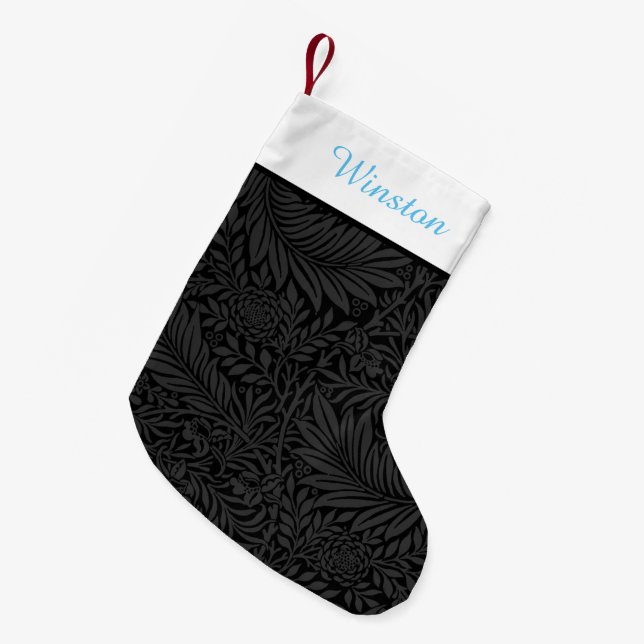 Meia De Natal Pequena Nome de Pet Personalizado do Black Floral Sky Blue (Frente (Pendurada))