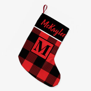 Meia De Natal Pequena Nome do Monograma Xadrez Vermelha e Búfalos Negra