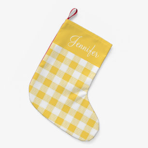 Meia De Natal Pequena Nome do Padrão de Xadrez de Gingham Amarelo Modern