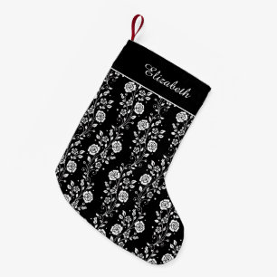 Meia De Natal Pequena Nome Floral Branco E Preto Elegante