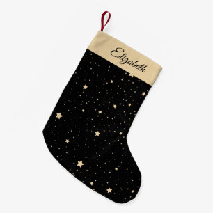 Meia De Natal Pequena Nome personalizado Black and Dourado Starry Night