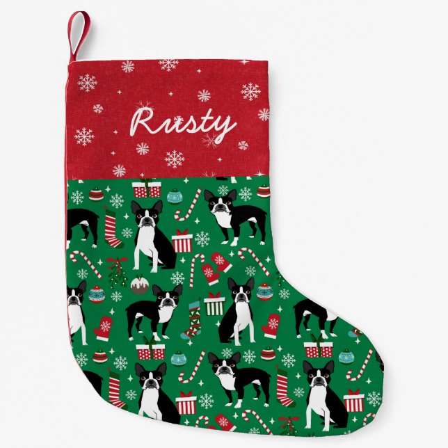 Meia De Natal Pequena Nome Personalizado Boston Terrier Dog Natal (Frente)
