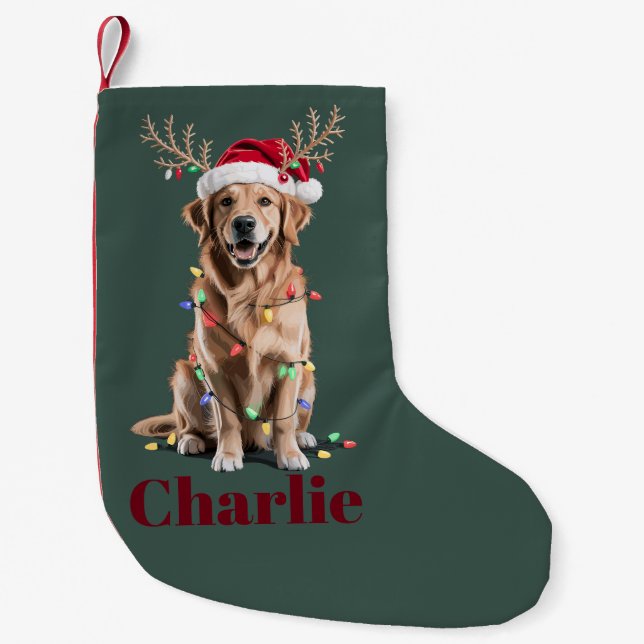 Meia De Natal Pequena Nome Personalizado Cão de Retriever de Ouro de Nat (Frente)