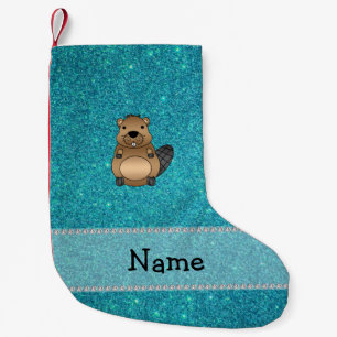 Meia De Natal Pequena Nome personalizado castor turquesa brilho