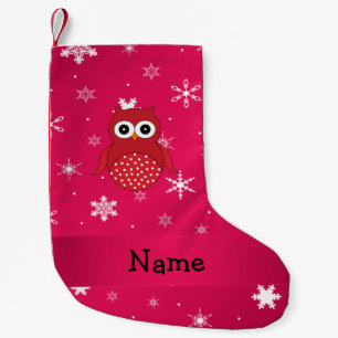 Meia De Natal Pequena Nome personalizado coruja vermelha flocos de neve