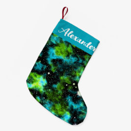 Meia De Natal Pequena Nome Personalizado Cósmico Azul e Verde Galáxico