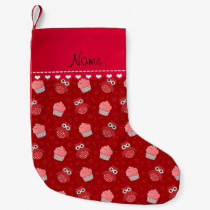 Meia De Natal Pequena Nome personalizado cupcake vermelho coruja padrão