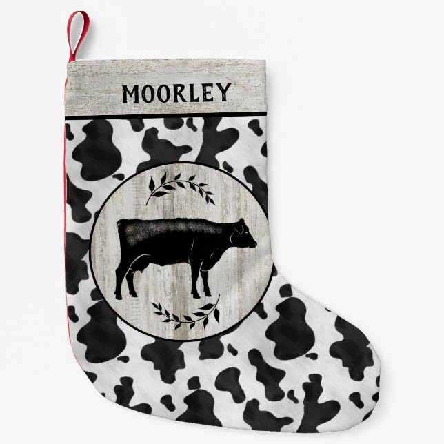 Meia De Natal Pequena Nome Personalizado Da Madeira Do Cowhide Farmhouse (Frente)