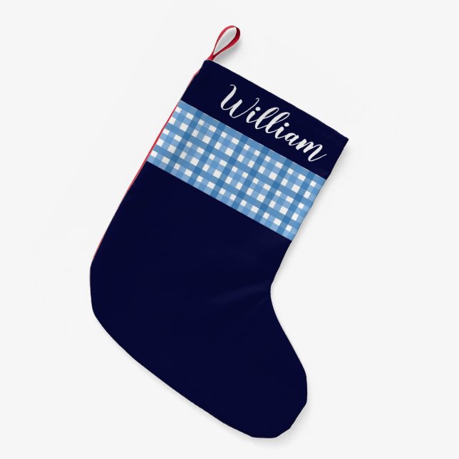 Meia De Natal Pequena Nome personalizado da Xadrez azul russa (Frente (Pendurada))