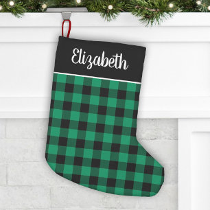 Meia De Natal Pequena Nome Personalizado da Xadrez de Búfalo Verde e Pre
