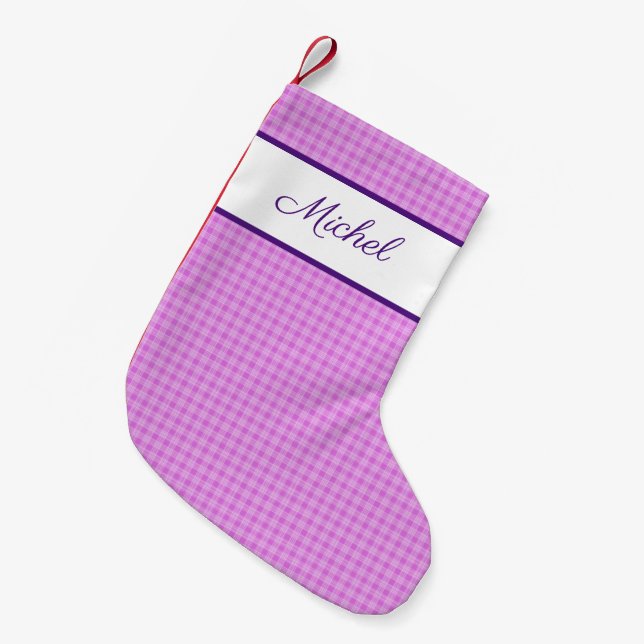 Meia De Natal Pequena Nome personalizado da xadrez de gingham russa (Frente (Pendurada))