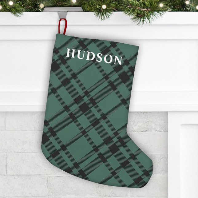 Meia De Natal Pequena Nome Personalizado da Xadrez Verde Pine Tartan (Criador carregado)