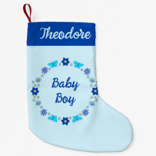 Meia De Natal Pequena Nome Personalizado das Borboletas e Flores Blue Ba
