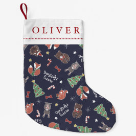 Meia De Natal Pequena Nome Personalizado de Animais da Floresta de Natal