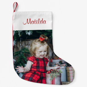 Meia De Natal Pequena Nome Personalizado de Foto e Monograma do Bebê Cut