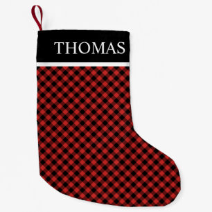 Meia De Natal Pequena Nome Personalizado de Gingham Vermelho Negro