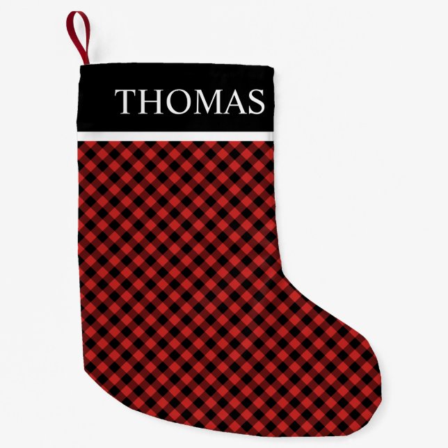 Meia De Natal Pequena Nome Personalizado de Gingham Vermelho Negro (Frente)