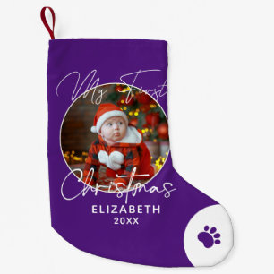 Meia De Natal Pequena Nome personalizado de Natal do bebê, Foto Roxo