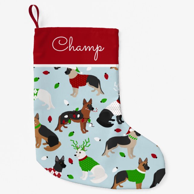 Meia De Natal Pequena Nome Personalizado do German shepherd de Natal (Frente)